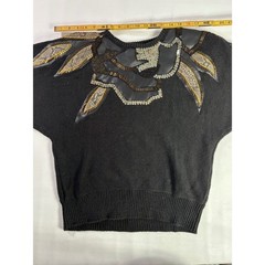 Donagain Vintage Sz L 80s Black Beaded Leather Applique Ramie Cotton Sweater