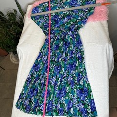 90s Vintage Floral Prairie Midi Dress Blue Green Pleated Skirt USA Made Large 12