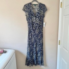NWT Lauren Ralph Lauren Silk Blue Floral Dress vintage slip midi maxi paisley