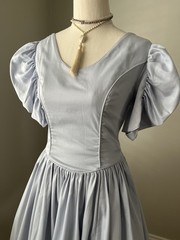 Vintage 80s Laura Ashley Pastel Blue Dress Gown – Bustle Back Puff Sleeve UK14