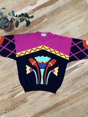 Gianni Versace 1980s Geometric Sweater Pink Black Yellow Red Blue Green Casual