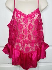 Vtg Teddy Camisole Pink Semi Sheer Lacey Sz 34 36 Step In Flutter Romper Nightie