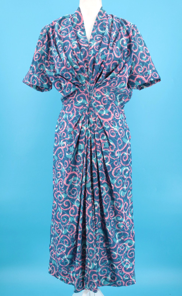 VTG Women’s 50s Blue & Pink Abstract Swirl Print Gathered Front Dress Sz M 1950s