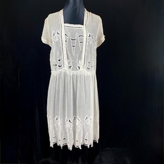 1910s Edwardian White Lawn Tunic or Tea Dress M/L Top Cutwork Drop Waist Flawed