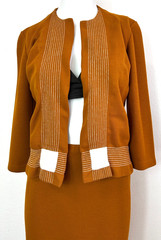 70s Cintura Knit Skirt Suit Size Small Nutmeg Jacket Open Front Top Stitch EUC