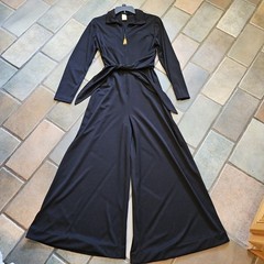 Vtg 60s/70s Bl Lightweight Polyester Jumpsuit HUGE LEGS! Unusual Back Ruffle M/L
