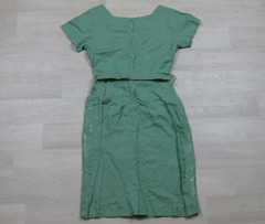 Vintage 50s Wiggle Day Dress (XS) Embroidered Floral Sheath Pockets Cap Sleeve