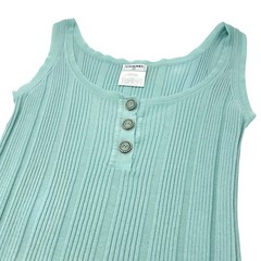 CHANEL Vintage 07P CC Mark Logo Rib Knit Tank Top #34 Turquoise Blue Cotton