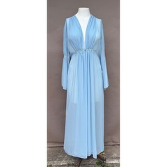 Vintage Blue Sheer Chiffon Maxi Robe Lace Bell Sleeve Button Hollywood Large