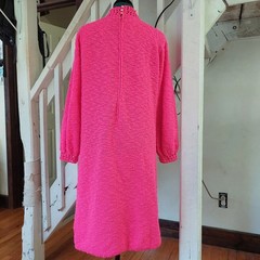 Jane Vintage Hot Pink Knit Midi Dress Knit Mock Neck Balloon Sleeve 1960’s