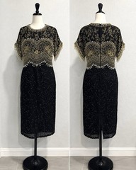 VTG Oleg Cassini Black Tie 100%Silk Beaded Cocktail Dress 10 Pearl Fringe Gatsby