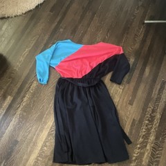 80s Vintage Disco Colorblock Dress with Dolman Sleeve and Sash Size XS Small
