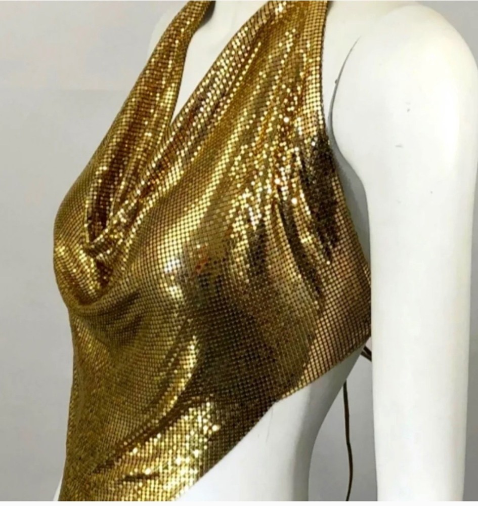 Whiting & Davis Vintage 80’s Gold chain mail metal mesh Halter Top with box
