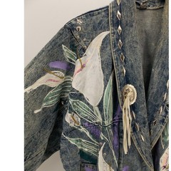 Vintage Hand Painted Blue Acid Wash Floral Studded Denim Jacket SMALL Maximalist