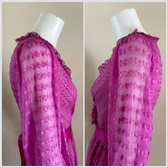 1980s Neiman Marcus Pink Sheer Ruffle Wrap Dress Ribbon Belt Petite Vintage