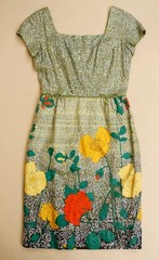 50s 60s Chartreuse Green Floral Sequin Cotton Pin Up Dress Pencil Mod B36-37″