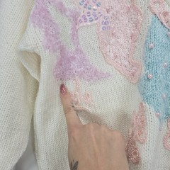 VTG 1980s Sheseido Pastel Sweater M White Blue Pink Lurex Chenille Pearls Fairy