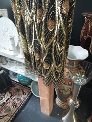 Lillie Rubin Vintage Black Gold Beaded Sequin Semi-Open Back Silk Dress Size 6