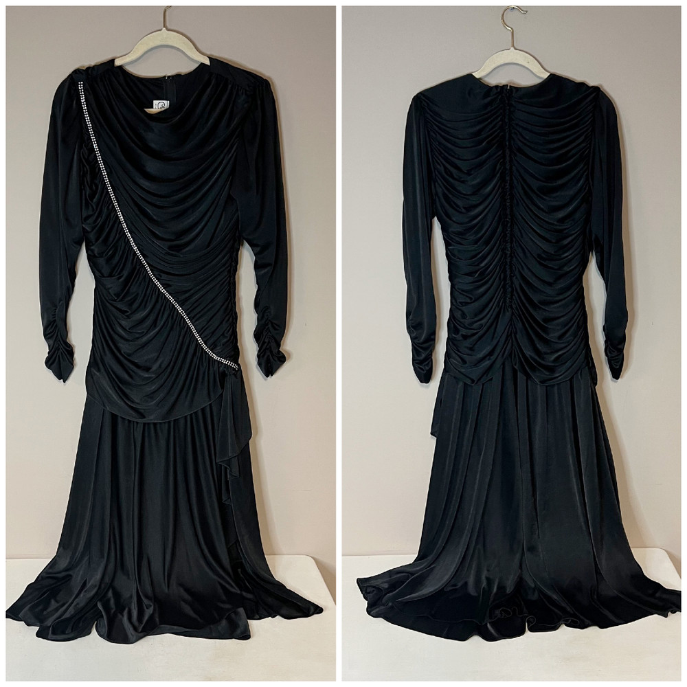 VTG 1980s Black Ruched Rhinestone Evening Dress Formal Prom Size 12 80s Glamor
