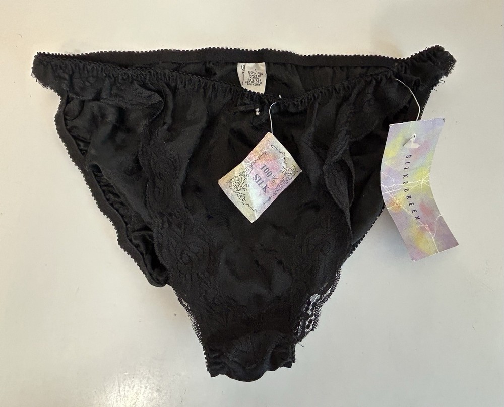 Vintage Silkscreen Black Silk Bikini Panties Bow 7 Large Lace