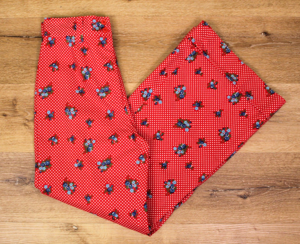 VTG Women’s 70s Red Polka Dot & Blue Floral Bell Bottom Pants Sz 29″ / M 1970s