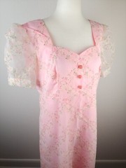 Vintage 1950s 1960s Dress Pink Flocked Flowers Long Sheer Overlay Sweetheart ~M
