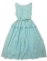 Vintage Dress 1950s Eyelet Midi Sundress Teal Blue Retro Sleeveless Button Up