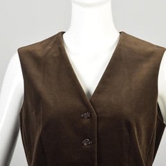Small 1970s Halston Brown Velvet Two Piece Set Vest and Skirt Button Up Vest