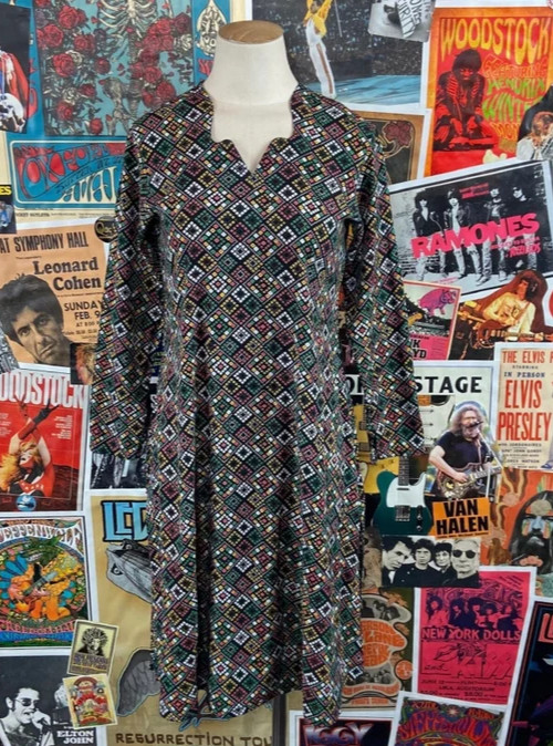 Vintage 60s-70s Mod Geometric Print Long Sleeve Tunic Top Dress PXS Retro