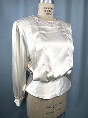 Vintage Blouse Top SIZE MEDIUM Ivory satin peplum sequin NOTATIONS 80s 90s