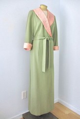 STUNNING Vtg 40s 50s B. Cohen Green Wool Flannel Long Robe Pink Trim Pockets S/M