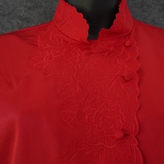 Vintage TJW Mervyns Satin Blouse 16 Red Mandarin Collar Lace Embroidered 80s Top