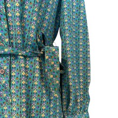 Vintage 90s Teal Geometric Print Tie Waist Midi Dress Long Sleeve Petite Size 6