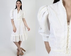 Vtg 70s White Prairie Dress Button Up Monochrome Viole Puff Slv Victorian Midi