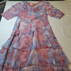 After Dark Vintage 80s Pink Purple Tiered Ruffled Midi Dress Coquette Size 14
