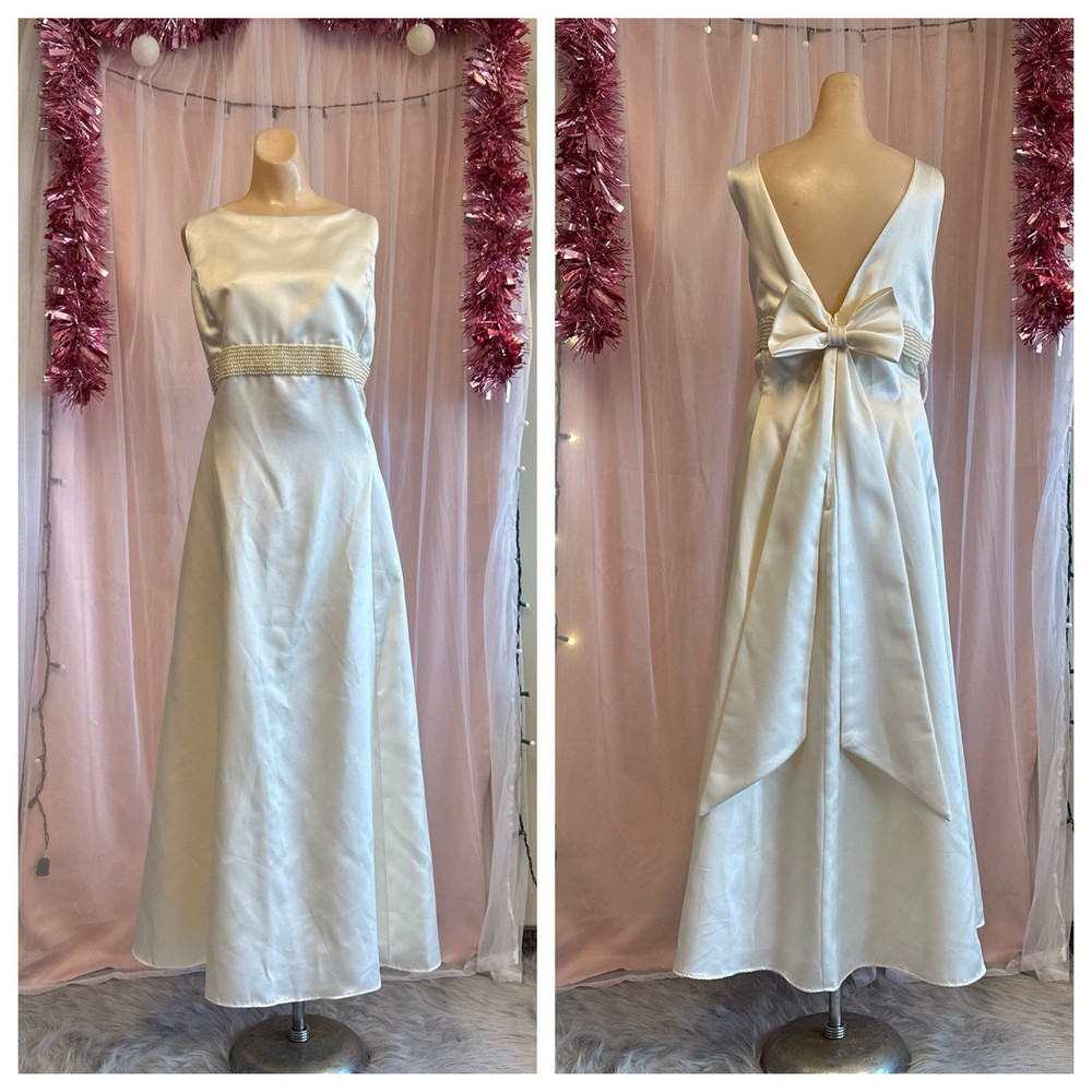 Vintage 90s Plus Size Evening Formal Dress Ivory Beaded Maxi Sleeveless 2X 3X