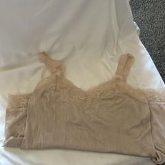 Deena Silky Long Vintage Slip 36 Beige Floral Lace Trim Lingerie Sleepwear