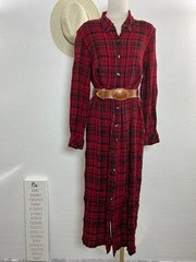 VTG EXPO plaid long dress size 14W buttons red black casual western made USA