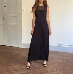 Black midi dress with lace crochet bodice, back zip & draped viscose skirt, boho