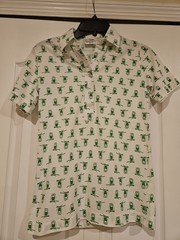 LEON LEVIN Women’s White Printed SS Polo Shirt Size Large Green Owls Vintage