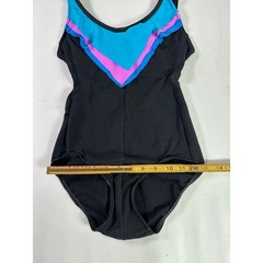 Vintage Robby Len One Piece Swimsuit Black Teal Pink Ribbed 80s 90s 10