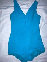 VTG 60S 70S WOMENS16 38 ROBBY LEN BLUE RIBBED SWIMSUIT BATHING SUIT