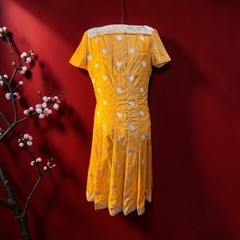 1960s Custom Made Raw Silk Dress Bright Orange Embroidered Midi Metal Zip