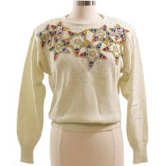 70s Vintage Embellished Star Print Sweater Womens M Rainbow Glam Keyhole Holiday
