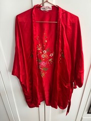 Vtg Golden Deer Kimono Robe Size M 100% Silk Red Hand Plum Blossom Embroidery