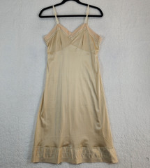 Vtg LEGGS Full Dress Slip Beige Size 36 100% Nylon Semi Sheer Lace Trim Feminine