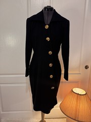 Vintage Albert Nipon Black Trench Dress Coat Large Gold Button Military