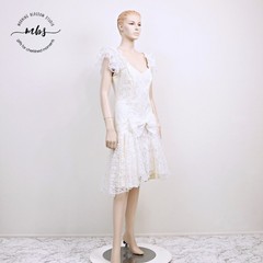 Nuance Vintage 80’s Lace Bow Cocktail Off the Shoulder Midi Dress Ivory Women M