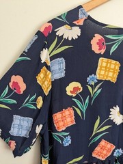 90s Crinkle Rayon Midi Dress Blue Floral Boho M Short Sleeve Flowy Cottage Retro