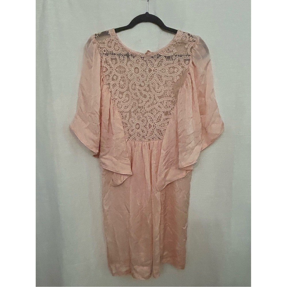 Peachy Pink Lace Yoke Silk Vintage Inspired Romantic Flutter Sleeve Dress